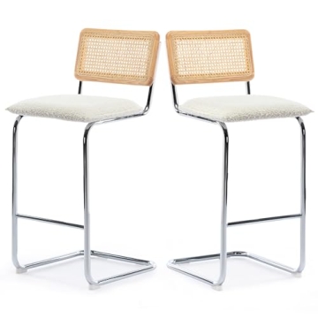 ONEVOG Boucle Rattan Bar Stools Set of 2, 29'' Bar Height Stools with Natural Cane Back, Solid Wood Frame Bar Chairs with Chrome Legs, Cantilevered Design Upholstered Stools, White