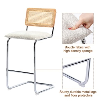 ONEVOG Boucle Rattan Bar Stools Set of 2, 29'' Bar Height Stools with Natural Cane Back, Solid Wood Frame Bar Chairs with Chrome Legs, Cantilevered Design Upholstered Stools, White