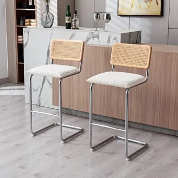 ONEVOG Boucle Rattan Bar Stools Set of 2, 29'' Bar Height Stools with Natural Cane Back, Solid Wood Frame Bar Chairs with Chrome Legs, Cantilevered Design Upholstered Stools, White