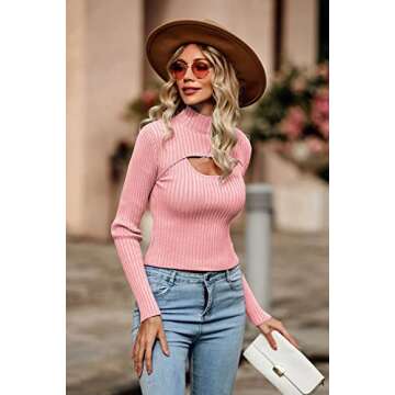 PRETTYGARDEN Women's 2025 Fashion Fall Clothes 2 Piece Cutout Tops Long Sleeve Mock Neck Rib Knit Winter Pullover Sweater (Pink,Medium)