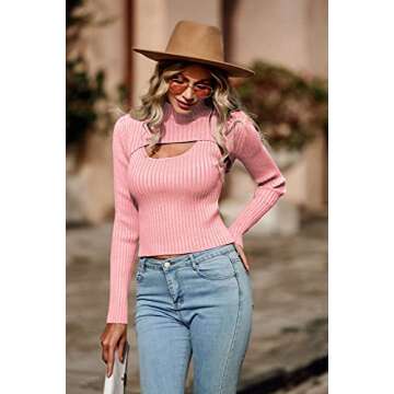 PRETTYGARDEN Women's 2025 Fashion Fall Clothes 2 Piece Cutout Tops Long Sleeve Mock Neck Rib Knit Winter Pullover Sweater (Pink,Medium)