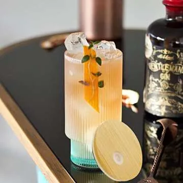 Stylish 16oz Ribbed Glassware with Lid and Straw Set