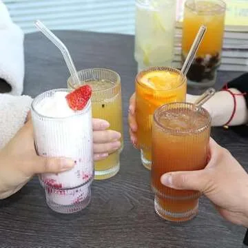 Stylish 16oz Ribbed Glassware with Lid and Straw Set