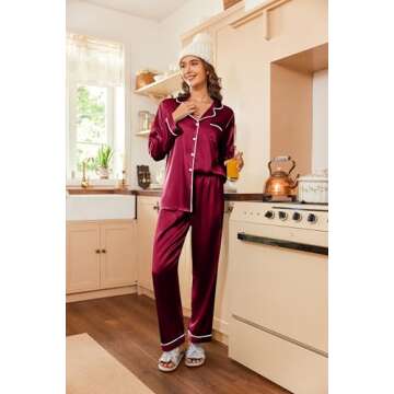 Ekouaer Women's Classic Button Down Long Satin Silk Pajama Set,Small,Wine Red
