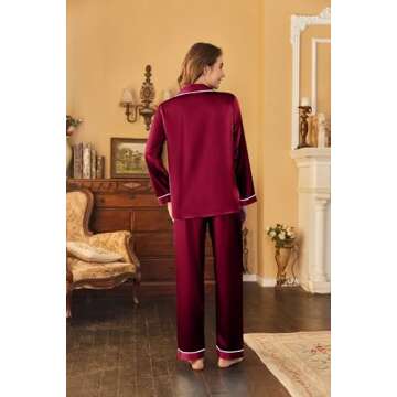 Ekouaer Women's Classic Button Down Long Satin Silk Pajama Set,Small,Wine Red