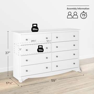Prepac Sonoma 8 Drawer Double Dresser for Bedroom, Wide Chest of Drawers, Bedroom Furniture, Clothes Storage and Organizer, 17.25" D x 59" W x 37" H, White