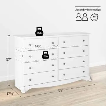 Prepac Sonoma 8 Drawer Double Dresser for Bedroom, Wide Chest of Drawers, Bedroom Furniture, Clothes Storage and Organizer, 17.25" D x 59" W x 37" H, White