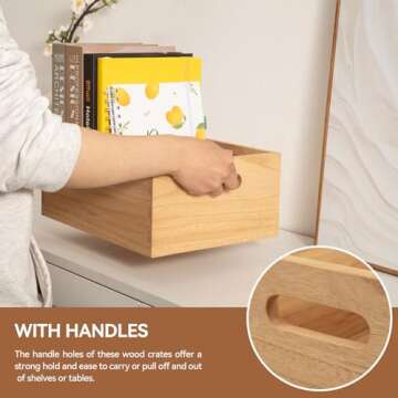 KIRIGEN Nesting Wood Crates with Handles Set of 3 - Farmhouse Decor Wooden Storage Containers/ Portable Rolling Tray Basket/ Crates Decorative Boxes Natural 3TH-NA