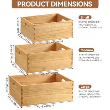 KIRIGEN Nesting Wood Crates with Handles Set of 3 - Farmhouse Decor Wooden Storage Containers/ Portable Rolling Tray Basket/ Crates Decorative Boxes Natural 3TH-NA