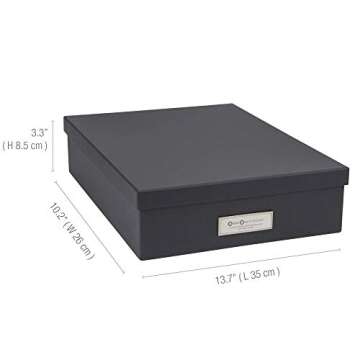 Bigso Box of Sweden Oskar Fiberboard Label Frame File Organizer Document Letter Box for Important Paperwork | Document Storage Box with a Lid & Metal Label Window | 3.3" x 10.2" x 13.8" | Dark Grey