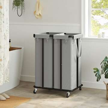 WOWLIVE Double Laundry Hamper with Wheels 170L Rolling Laundry Basket Organizer Laundry Cart with Steel Frame and Removable Bags Large Dirty Clothes Hamper Dorm Room Storage for Bedroom (Grey)