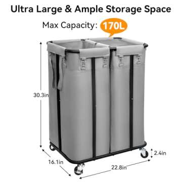 WOWLIVE Double Laundry Hamper with Wheels 170L Rolling Laundry Basket Organizer Laundry Cart with Steel Frame and Removable Bags Large Dirty Clothes Hamper Dorm Room Storage for Bedroom (Grey)