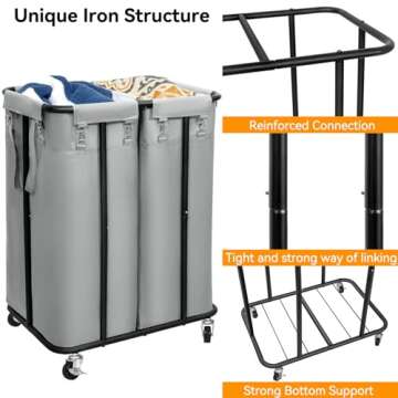 WOWLIVE Double Laundry Hamper with Wheels 170L Rolling Laundry Basket Organizer Laundry Cart with Steel Frame and Removable Bags Large Dirty Clothes Hamper Dorm Room Storage for Bedroom (Grey)