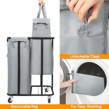 WOWLIVE Double Laundry Hamper with Wheels 170L Rolling Laundry Basket Organizer Laundry Cart with Steel Frame and Removable Bags Large Dirty Clothes Hamper Dorm Room Storage for Bedroom (Grey)