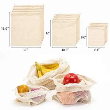 Reusable Produce Bags Grocery Washable - Set of 12 Cotton Mesh Produce Bags for Veggie Fruit Vegetable Storage, 3 Sizes (4L, 4M, 4S)