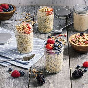 Paksh Novelty Glass Regular Mouth Mason Jars, 8 Oz Jars with Silver Metal Airtight Lids for Meal Prep, Dry Food Storage, Canning, Drinking, for Overnight Oats, Jelly, Spices, Salads, Yogurt (6 Pack)