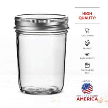 Paksh Novelty Glass Regular Mouth Mason Jars, 8 Oz Jars with Silver Metal Airtight Lids for Meal Prep, Dry Food Storage, Canning, Drinking, for Overnight Oats, Jelly, Spices, Salads, Yogurt (6 Pack)