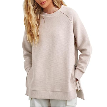 Fazortev Women's Oversized Sweatshirts Long Sleeve Crew Neck Ribbed Pullover Loose Side Zipper Tunic...