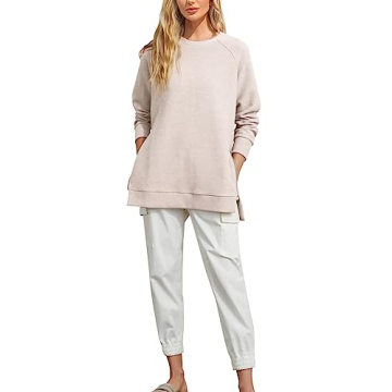 Fazortev Women's Oversized Sweatshirts Long Sleeve Crew Neck Ribbed Pullover Loose Side Zipper Tunic Tops Beige