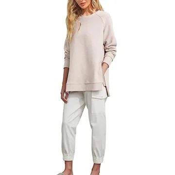 Fazortev Women's Oversized Sweatshirts Long Sleeve Crew Neck Ribbed Pullover Loose Side Zipper Tunic Tops Beige