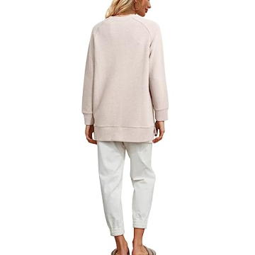 Fazortev Women's Oversized Sweatshirts Long Sleeve Crew Neck Ribbed Pullover Loose Side Zipper Tunic Tops Beige