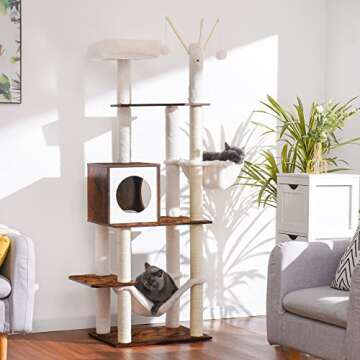 Hey-brother Wooden Cat Tree, 66.1“ Cat Furniture with Scratching Posts, Modern Cat Tower with hammocks, Toys, cat condo, Rustic Brown MPJ120SR