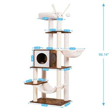 Hey-brother Wooden Cat Tree, 66.1“ Cat Furniture with Scratching Posts, Modern Cat Tower with hammocks, Toys, cat condo, Rustic Brown MPJ120SR
