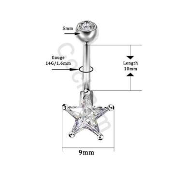 COCHARM 14G Dainty Belly Button Rings Clear Star CZ Belly Navel Rings 316L Stainless Steel Belly Pie...