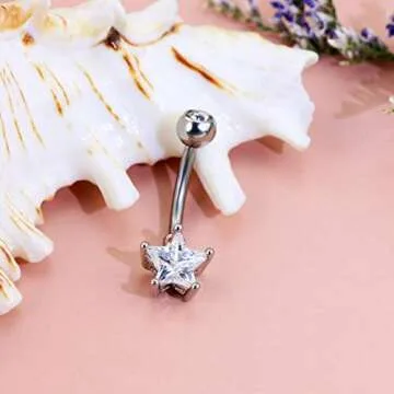COCHARM 14G Dainty Belly Button Rings Clear Star CZ Belly Navel Rings 316L Stainless Steel Belly Piercing Jewelry