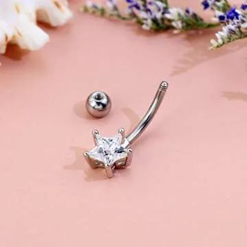 COCHARM 14G Dainty Belly Button Rings Clear Star CZ Belly Navel Rings 316L Stainless Steel Belly Piercing Jewelry