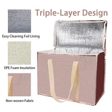 Bodaon 2-Pack Insulated Reusable Grocery Shopping Bag with Zippered Top, X-Large Frozen Foods Cold, Cooler Shopping Accessories, Insullated Bags, Insulated Food/Pizza Delivery Bag, Gold