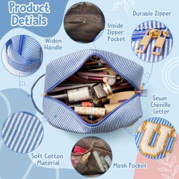 Y1tvei Blue White Striped STUFF Travel Makeup Bag with Side Handle Seersucker Chenille Letter Cosmetic Beauty Pouch Portable Zipper Toiletry Compliant Bag Large Capacity Travel Organizer for Women