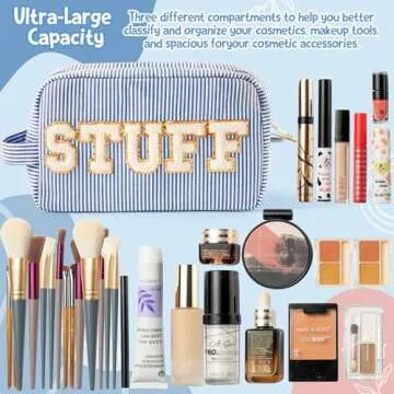 Y1tvei Blue White Striped STUFF Travel Makeup Bag with Side Handle Seersucker Chenille Letter Cosmetic Beauty Pouch Portable Zipper Toiletry Compliant Bag Large Capacity Travel Organizer for Women