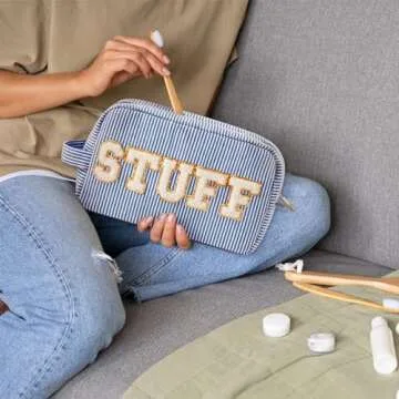 Y1tvei Blue White Striped STUFF Travel Makeup Bag with Side Handle Seersucker Chenille Letter Cosmetic Beauty Pouch Portable Zipper Toiletry Compliant Bag Large Capacity Travel Organizer for Women