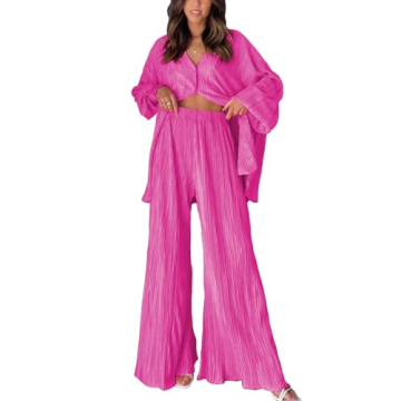 ONIRIKE Womens Loungewear Set 2 Piece Sweatsuits Outfits Casual Pleated Long Sleeve Button Down Shir...