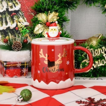 XinHuiGY Christmas Coffee mug,Ceramic Santa Tea Cups with 3D lid and Spoon,14OZ Novelty mugs for Thanksgiving day,Halloween Christmas gift for women men girls boys (Red)