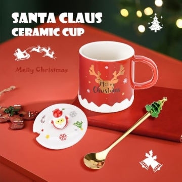 XinHuiGY Christmas Coffee mug,Ceramic Santa Tea Cups with 3D lid and Spoon,14OZ Novelty mugs for Thanksgiving day,Halloween Christmas gift for women men girls boys (Red)