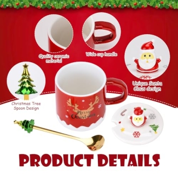 XinHuiGY Christmas Coffee mug,Ceramic Santa Tea Cups with 3D lid and Spoon,14OZ Novelty mugs for Thanksgiving day,Halloween Christmas gift for women men girls boys (Red)