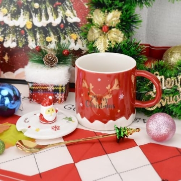 XinHuiGY Christmas Coffee mug,Ceramic Santa Tea Cups with 3D lid and Spoon,14OZ Novelty mugs for Thanksgiving day,Halloween Christmas gift for women men girls boys (Red)