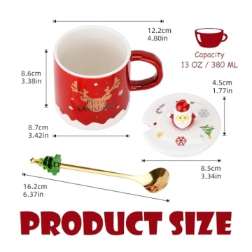 XinHuiGY Christmas Coffee mug,Ceramic Santa Tea Cups with 3D lid and Spoon,14OZ Novelty mugs for Thanksgiving day,Halloween Christmas gift for women men girls boys (Red)