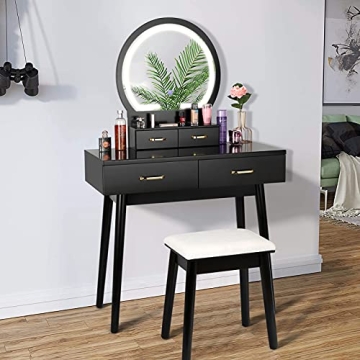SMOOL Vanity Desk with Lighted Mirror - 3 Color Lighting Modes Adjustable Brightness, 4 Drawers Make...