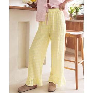 codcm Womens Gingham Pants Wide Leg Lounge Pants Y2k Plaid Print Ruffle Hem Loose Trouser(Yellow,Medium)