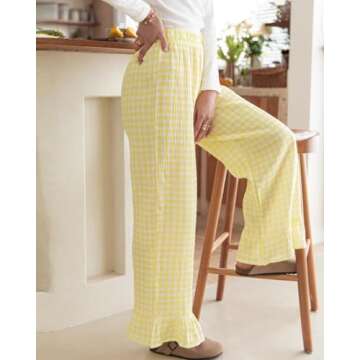 codcm Womens Gingham Pants Wide Leg Lounge Pants Y2k Plaid Print Ruffle Hem Loose Trouser(Yellow,Medium)