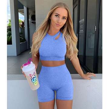 OYS Women's Workout Set 2 Piece Yoga Seamless High Waisted Shorts Removable Padded Bra Outfit Tracksuit Blue
