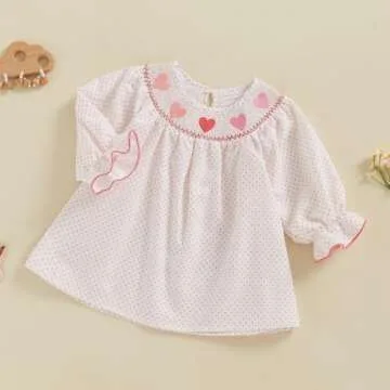 Toddler Baby Girl Valentines Day Outfit Heart Embroidery Smocked Dress Long Sleeve Princess Dresses Cute Clothes (White, 3-4 Years)