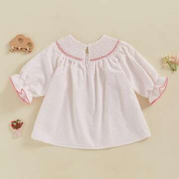 Toddler Baby Girl Valentines Day Outfit Heart Embroidery Smocked Dress Long Sleeve Princess Dresses Cute Clothes (White, 3-4 Years)