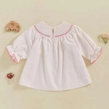 Toddler Baby Girl Valentines Day Outfit Heart Embroidery Smocked Dress Long Sleeve Princess Dresses Cute Clothes (White, 3-4 Years)