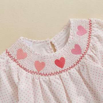 Toddler Baby Girl Valentines Day Outfit Heart Embroidery Smocked Dress Long Sleeve Princess Dresses Cute Clothes (White, 3-4 Years)
