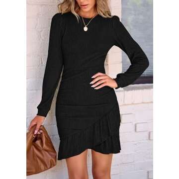 PRETTYGARDEN Women's Fall Ruched Bodycon Mini Dress Long Puff Sleeve Ruffle Fitted Cocktail Party Dresses (Black,Small)