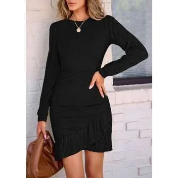 PRETTYGARDEN Women's Fall Ruched Bodycon Mini Dress Long Puff Sleeve Ruffle Fitted Cocktail Party Dresses (Black,Small)